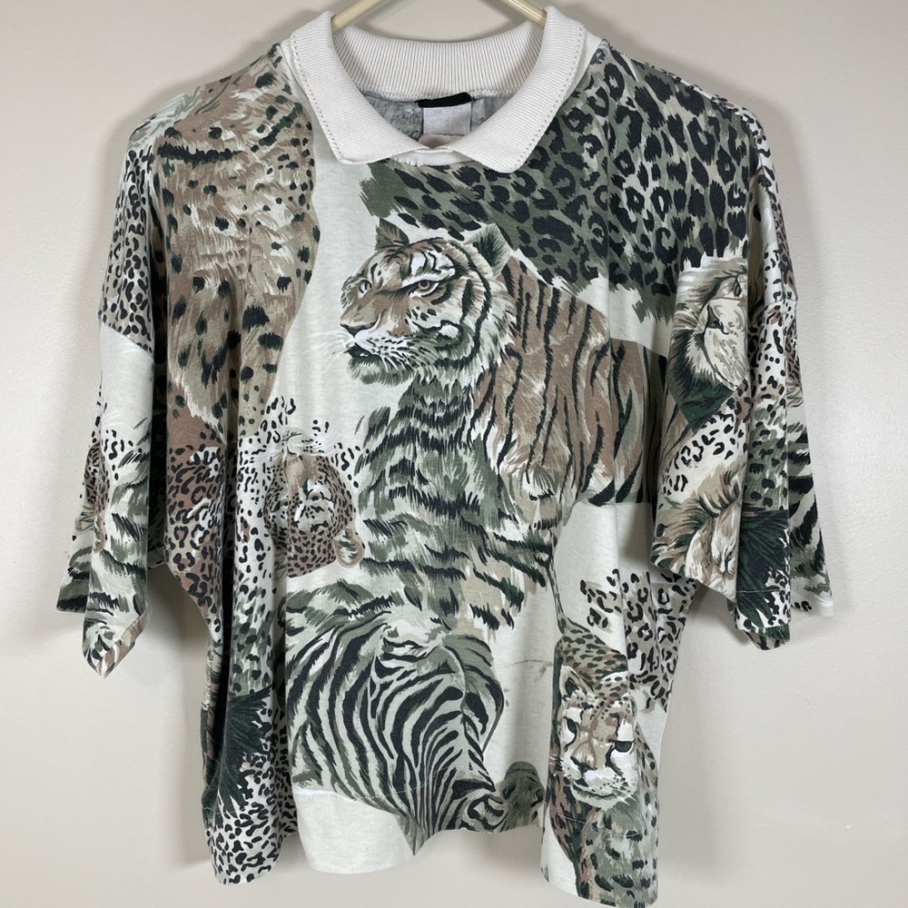 JUDY KNAPP Vtg Big‎ Cat Safari Pullover LG Allover Print Tiger Leopard Cheetah